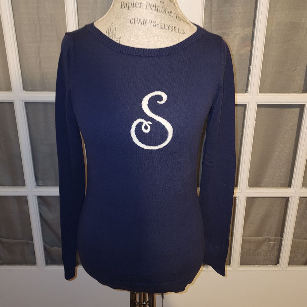 Lilly Pulitzer Womens Navy Blue Initial Sweater Medium - Picture 1 of 4